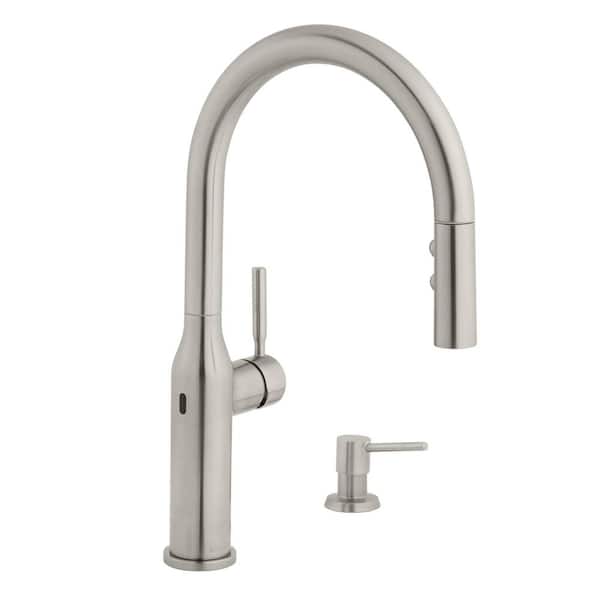 Upson Single-Handle Touchless Pull-Down Kitchen Faucet with TurboSpray and FastMount and Soap Dispenser in Stainless