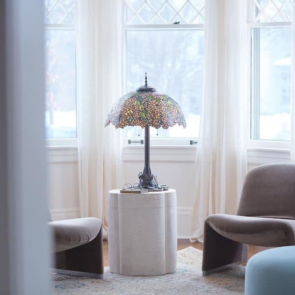 Valencia 31 .75 in. Antique Bronze Laburnum Tiffany-Style Stained Glass Table Lamp