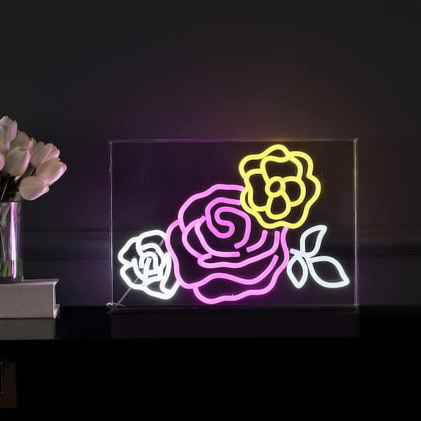 Crowd Of Roses 15 in. x 10.3 in. Contemporary Glam Acrylic Box USB Operated LED Neon Night Light, Pink/White/Yellow