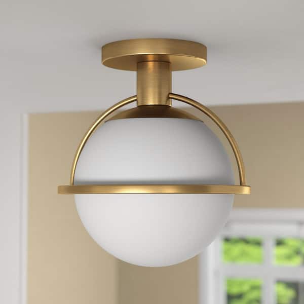 Cieonna 9.25 in. 1-Light Antique Brass and White Semi Flush Mount with Glass Shade