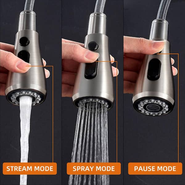 Pause Mode Single Handle Pull Down Sprayer Kitchen Faucet with Deck Plate Included in Brushed Nickel