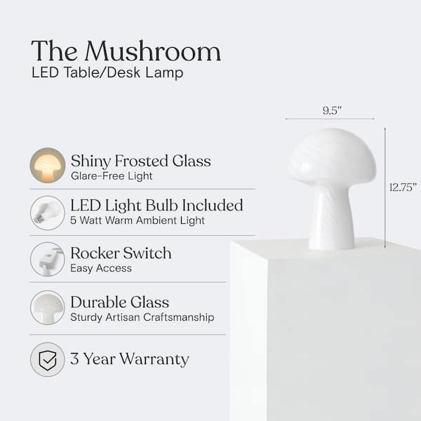 Mushroom 12.75 in. White LED Round Table Lamp with Striped Glass Shade