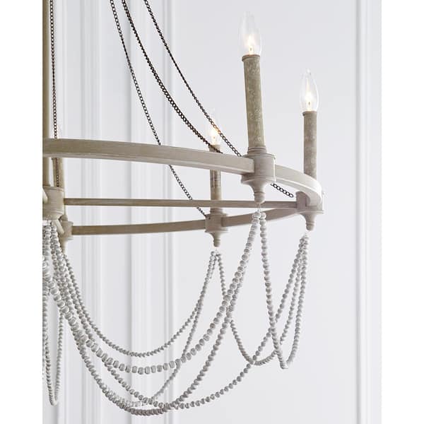 Beverly 8-Light French Washed Oak and Distressed White Wood Beaded Wagon Wheel Farmhouse Hanging Candlestick Chandelier