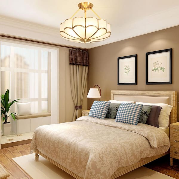 23 in. Tiffany Semi-Flush Mount Ceiling Light with Amber Glass Shade Gold