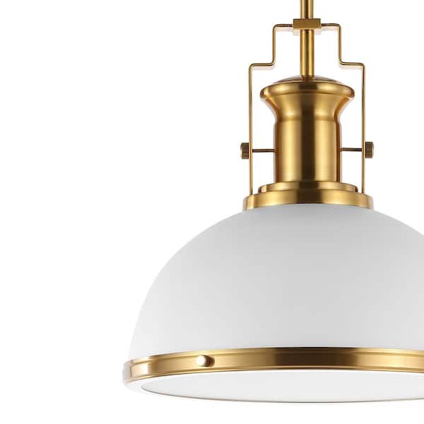 Homer 13 in. 1-Light Brass Gold/White Modern Industrial Iron LED Dome Globe Pendant