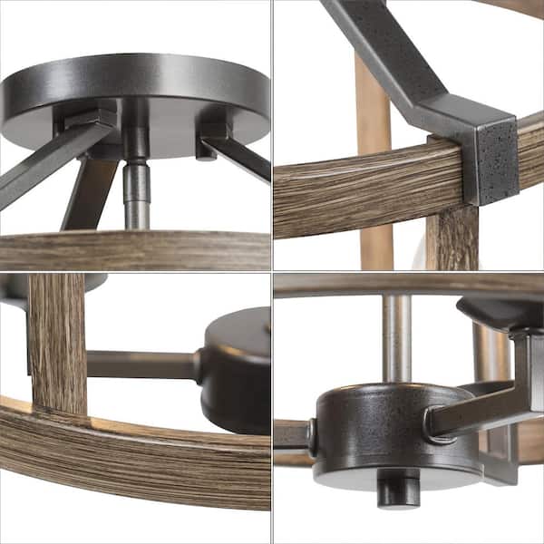 Modern Farmhouse Brown Drum Semi Flush Mount 3-Light Faux Wood Textured Candlestick Bedroom Living Room Ceiling Lighting