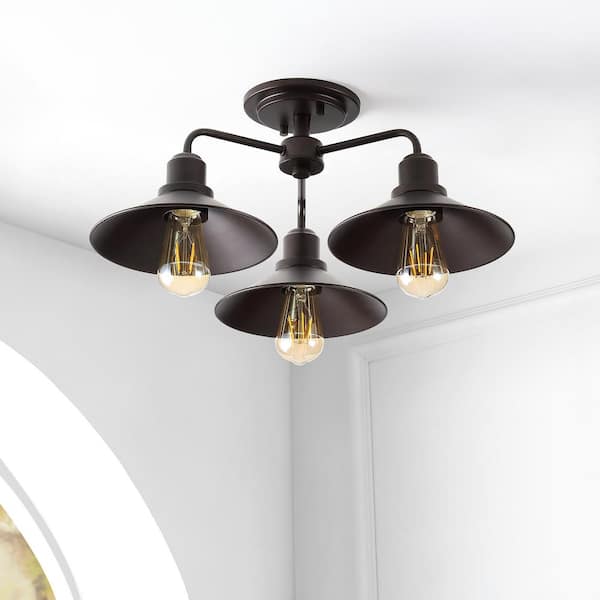 Calvin 18.5 in. 3-Light Iron Industrial Farmhouse LED Oil Rubbed Bronze Semi-Flush Mount Ceiling Light