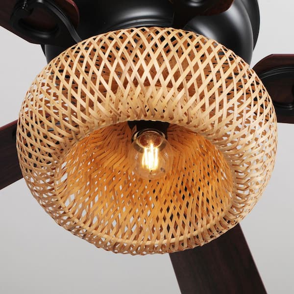 48 in. Farmhouse Bamboo Flush Mount Matte Black Ceiling Fan with Remote Control and Light Kit