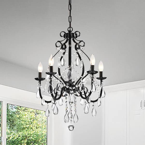 Amorette 5-Light Antique Black Candle Style Traditional Glam Chandelier with Teardrop Hanging Crystals