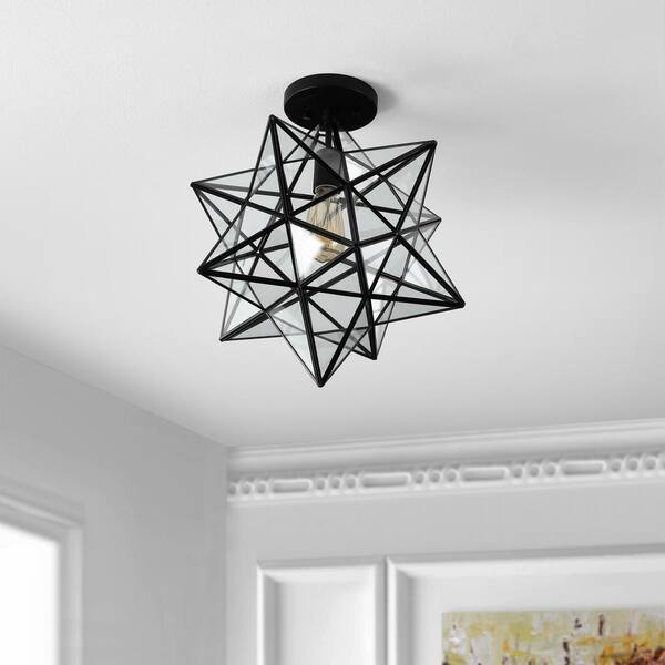 Ava 14.5 in. Black/Clear 1-Light Farmhouse Bohemian Iron/Glass LED Semi Flush Mount