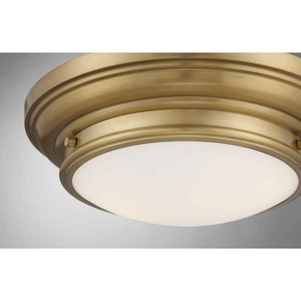 13 in. W x 4.50 in. H 2-Light Natural Brass Outdoor Flush Mount Light with White Glass Round Shade