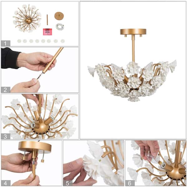 Mid-Century Modern Center Bowl Ceiling Light 3-Light Brass Gold Semi-Flush Mount Light with Handcraft Ceramic Flowers