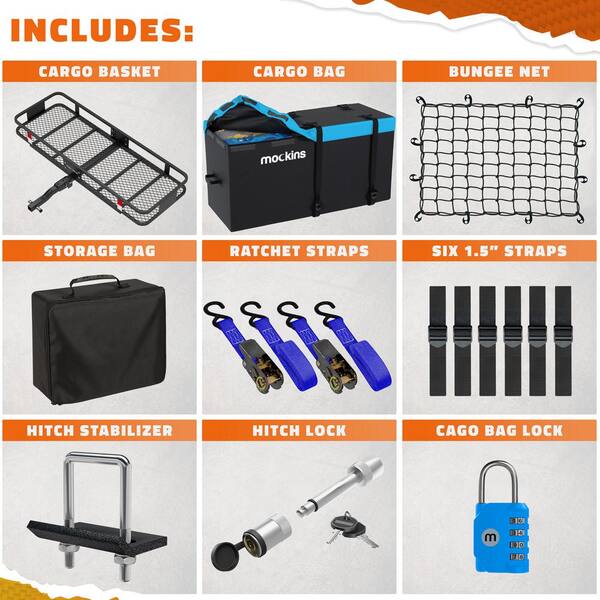 500 lbs. Capacity XL Hitch Mount Cargo Carrier Set - Folding Shank and 2 in. Raise, Cargo Bag, Net, Straps, Locks - Blue
