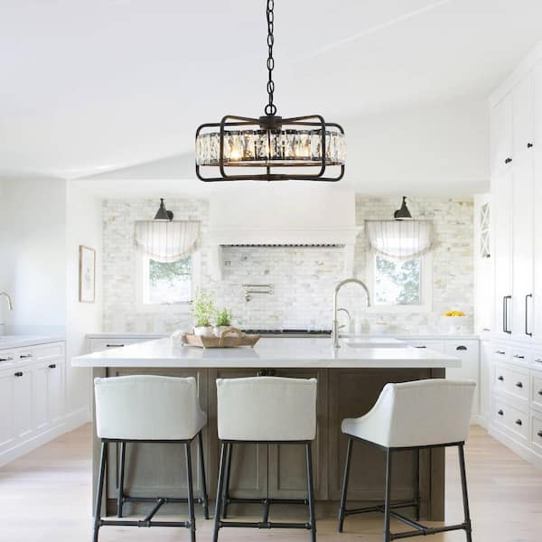 17 in. 4-Light Black Modern Crystal Chandelier with Metal Geometric Frame