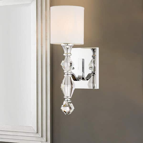 Evi 4.5 in. 1-Light Chrome Glam Wall Sconce with White Linen Shade