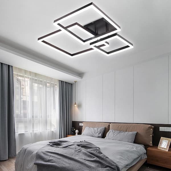 32 in. 1-Light Black Modern Geometric Design Selectable LED Semi-Flush Mount Ceiling Light with Remote