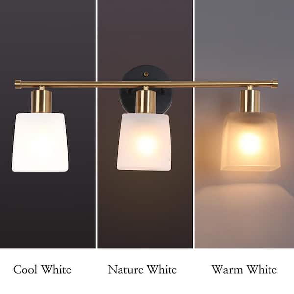 Modern Bathroom Vanity Light, 3-Light Black and Gold Powder Room Wall Sconces with Square Frosted Glass Shades