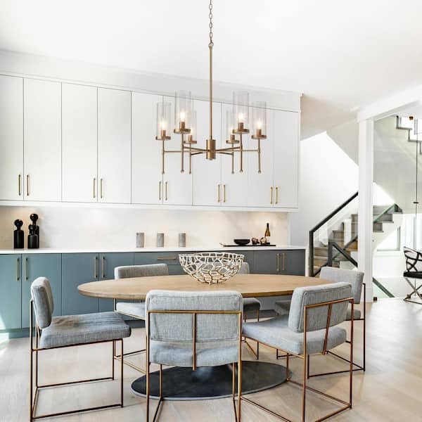 Modern Satin Gold Island Chandelier 6-Light Transitional Candlestick Linear Chandelier with Seeded Glass Shades