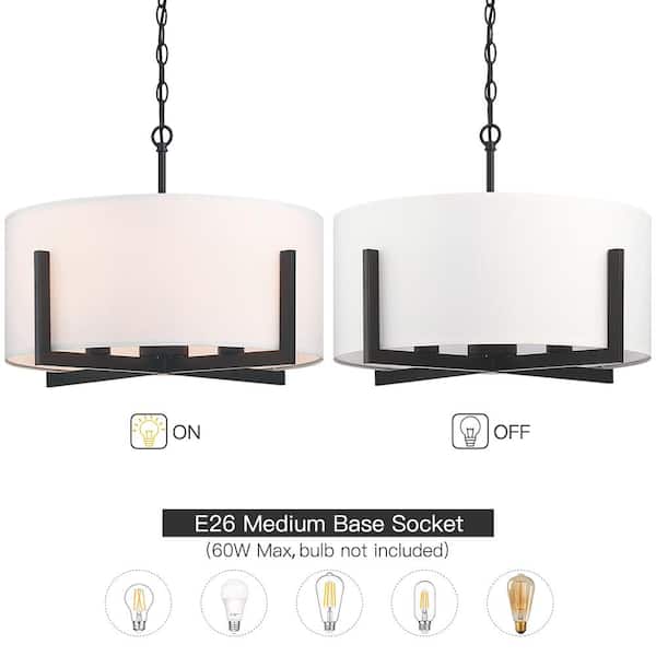 22 in. 4-Light Matte Black Chandelier Pendant Light with White Drum Shade