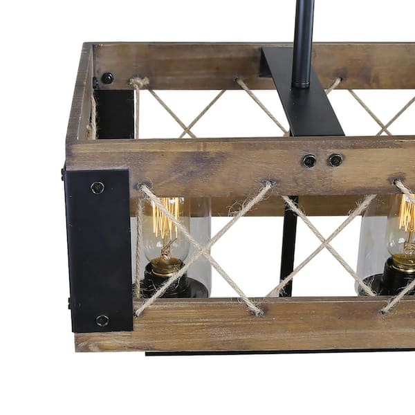 Wood Chandelier Black Farmhouse Island 5-Light Rectangular Cage Ropes Chandelier with Cylinder Clear Glass Shades
