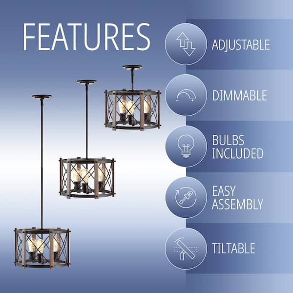 Ferme 16 in. 3-Light Oil Rubbed Bronze/Brown Adjustable Iron Rustic Farmhouse LED Pendant