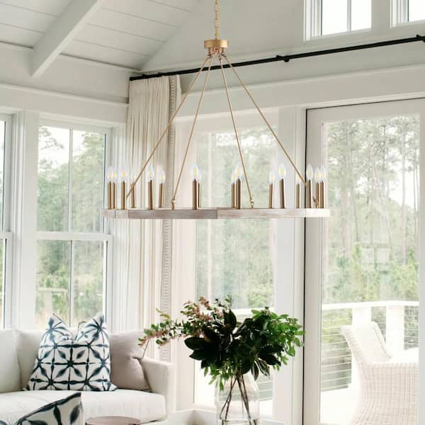 39.4 in. 16-Light Farmhouse Brushed Gold Wagon Wheel Candle Chandelier Geometric Industrial Pendant Lighting
