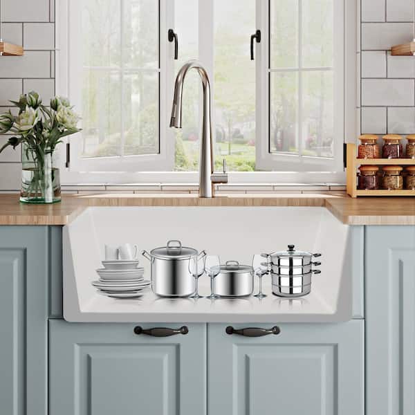 Harvest White Ceramic 30 in. L x 18 in. W Rectangular Single Bowl Farmhouse Apron Kitchen Sink with Grid and Strainer