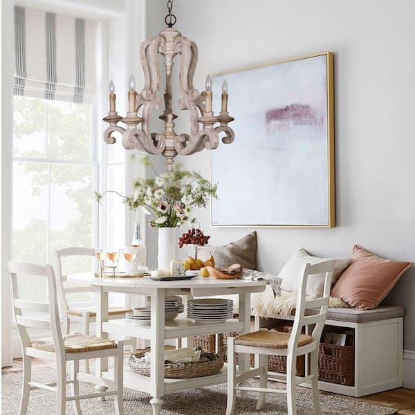 Bella 5-Light Antique Distressed Wood Empire Farmhouse Candlestick Chandelier