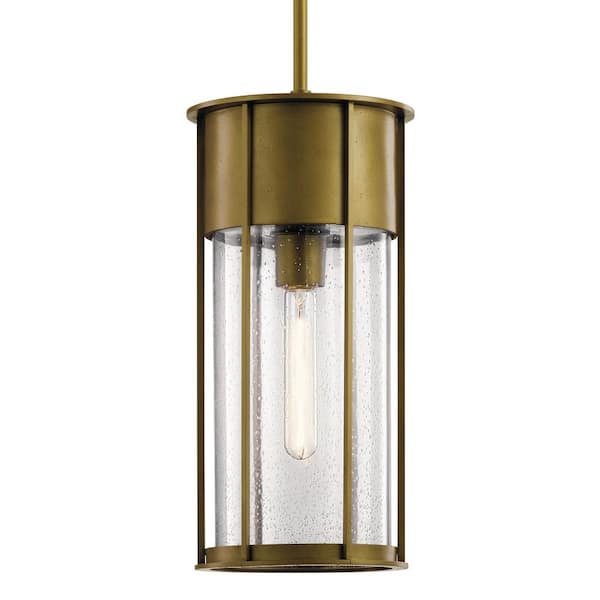 Camillo 18 in. 1-Light Natural Brass Outdoor Porch Hanging Pendant Light with Clear Seeded Glass (1-Pack)