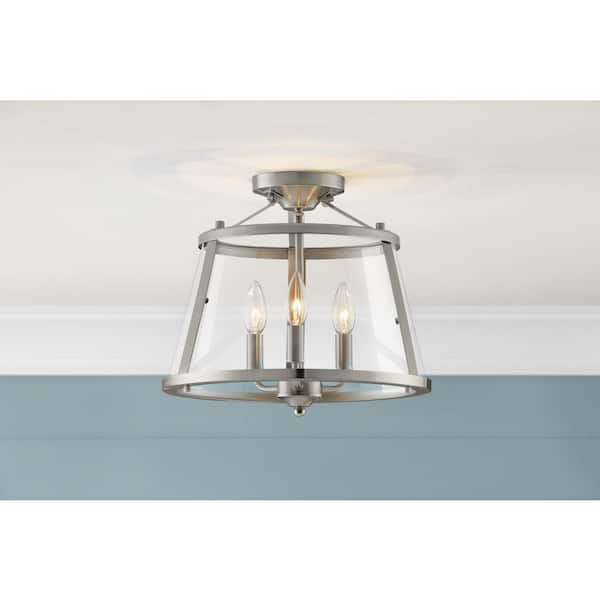 Lincoln 14 in. 3-Light Brushed Nickel Semi-Flush Mount Ceiling Light Fixture with Metal and Glass Shade