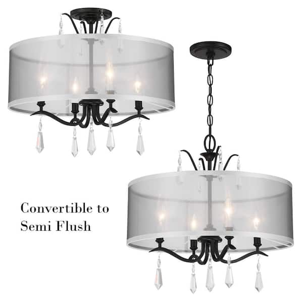 Laurel Estate 20 in. 4-Light Black Semi-Flush Mount to Pendant with Silver Translucent Fabric Shade