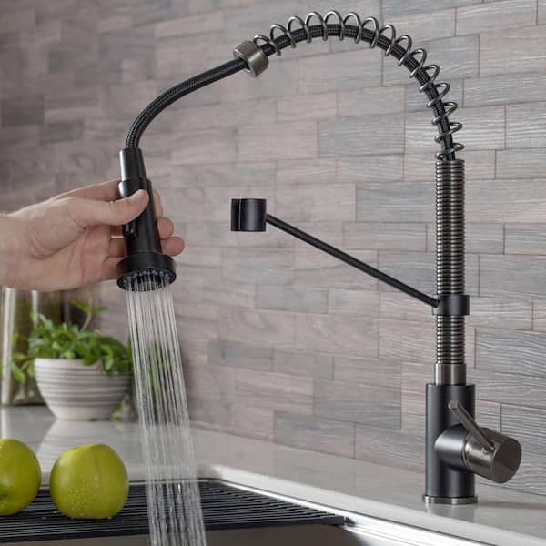Single Handle 18-Inch Kitchen Faucet with Dual Function Pull-Down Sprayhead in Matte Black/Black Stainless Steel Finish