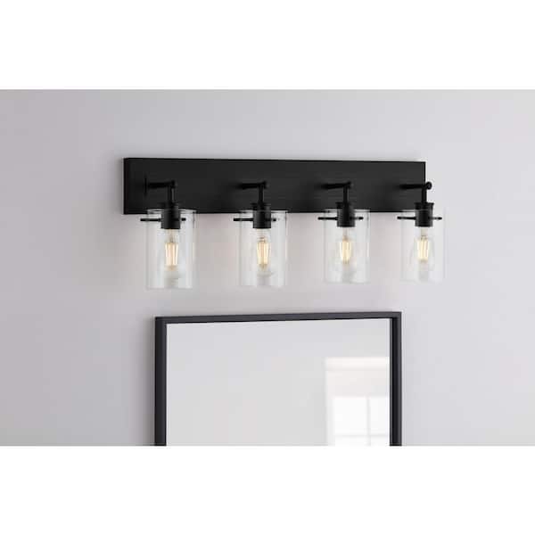 Regan 29.25 in. 4-Light Matte Black Bathroom Vanity Light with Clear Glass Shades