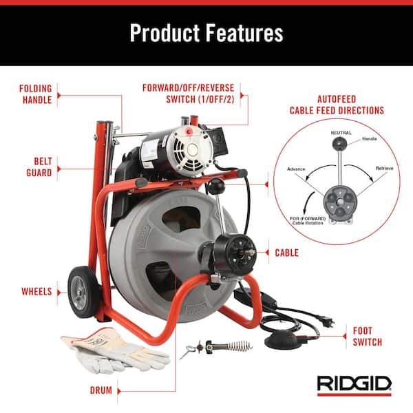 K-400 AutoFeed Drain Cleaning Snake Auger 120-Volt Drum Machine and C-32IW 3/8 in. x 75 ft. Cable + Tool Set & Gloves