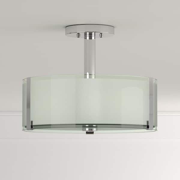 Bourland 14 in. 3-Light Polished Chrome Semi-Flush Mount Ceiling Light Fixture with White and Clear Glass Double Shade