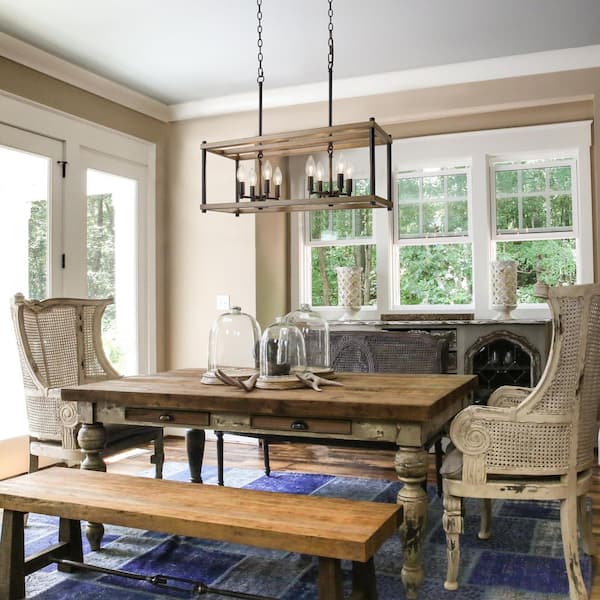 Modern Farmhouse 8-Light Black Island Chandelier with Faux Wood Rectangle Cage Candlestick Chandelier for Kitchen