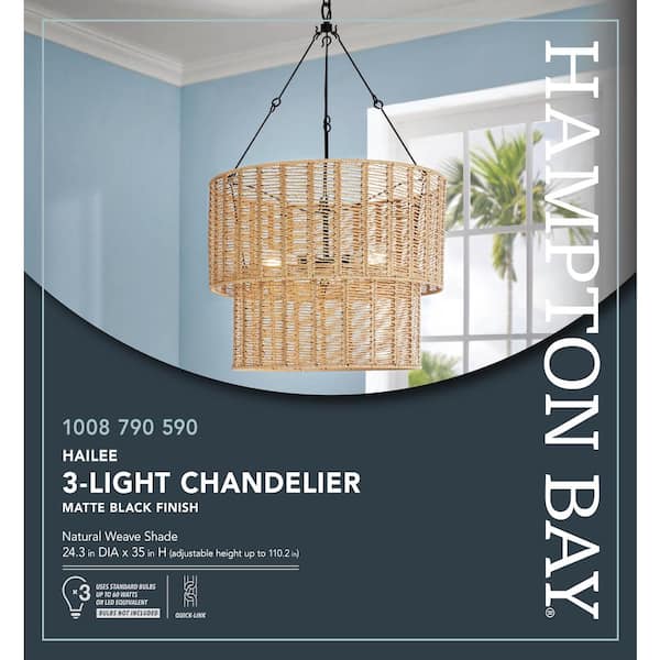 Hailee 3-Light Basket Hanging Pendant Black Natural Weave Shade