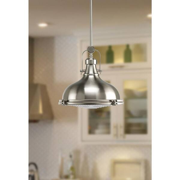 Fresnel Lens Collection 12 in. 1-Light Brushed Nickel Coastal Pendant Kitchen Light with  Fresnel Glass