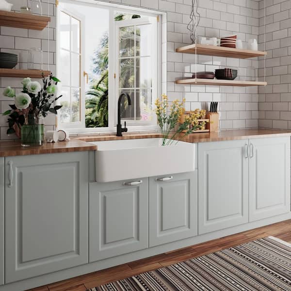 DeerValley Feast White Ceramic 33 in. L Rectangular Single Bowl Farmhouse Apron Kitchen Sink with Grid and Strainer