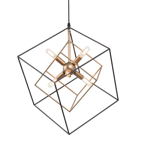 Black Sputnik Candlestick Island Chandelier, Linear Square Modern Industrial 6-Light Gold Nested Cage Pendant Light
