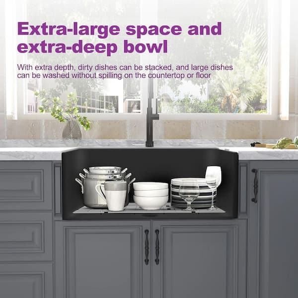 Fireclay 30 in. L x 18 in. W Black Single Bowl Farmhouse Apron Kitchen Sink with Grid and Strainer