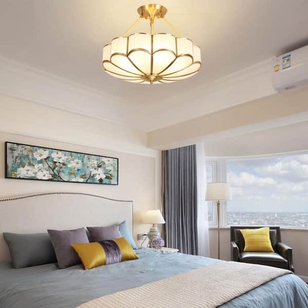 23 in. Tiffany Semi-Flush Mount Ceiling Light with Amber Glass Shade Gold