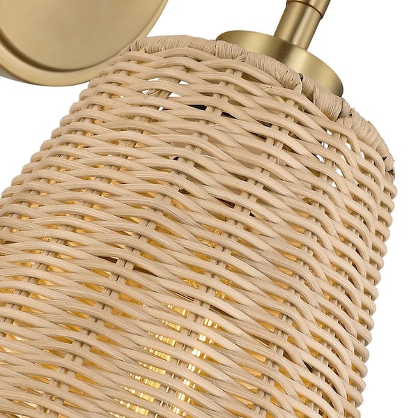 Adella 1-Light Brass Boho Natural Rattan Hardwired Wall Sconce with Adjustable Swivel Swing Arm