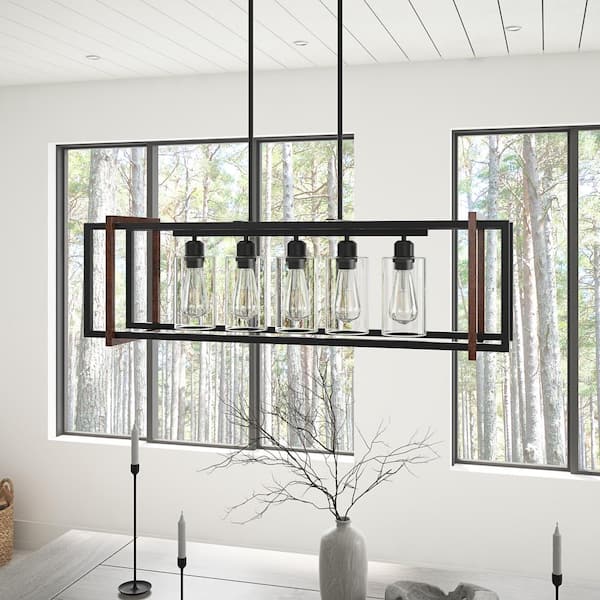 5-Light Black Kitchen Island Statement Square Chandelier Modern with Glass Shade Hanging Light Fixture