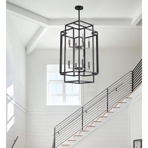 8-Light Black Industrial Candle Style Rectangle Chandelier Kitchen Island Hanging Lights