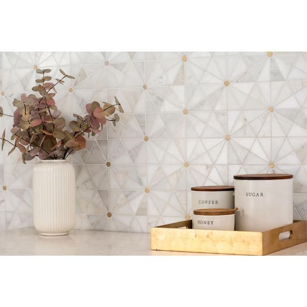 Elegante White Pinweheel 12 in. x 11 in. x 8mm Stone Metal Mesh-Mounted Mosaic Tile (1 sq. ft. / Each)