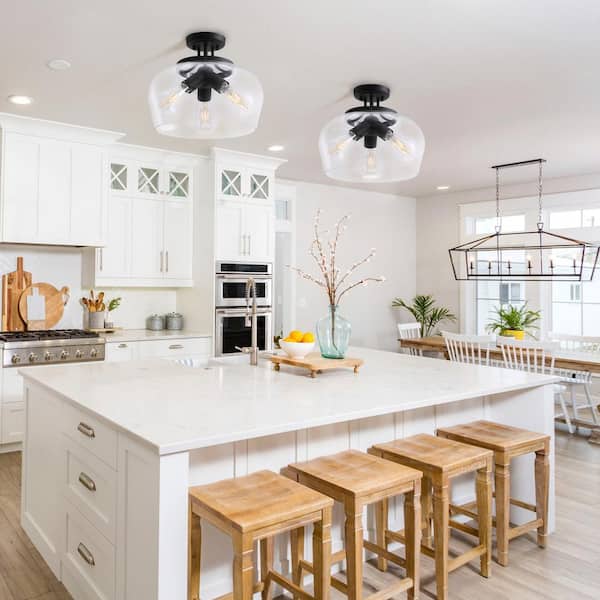 14 in. 3-Light Matte Black Semi-Flush Mount with Clear Glass Shade