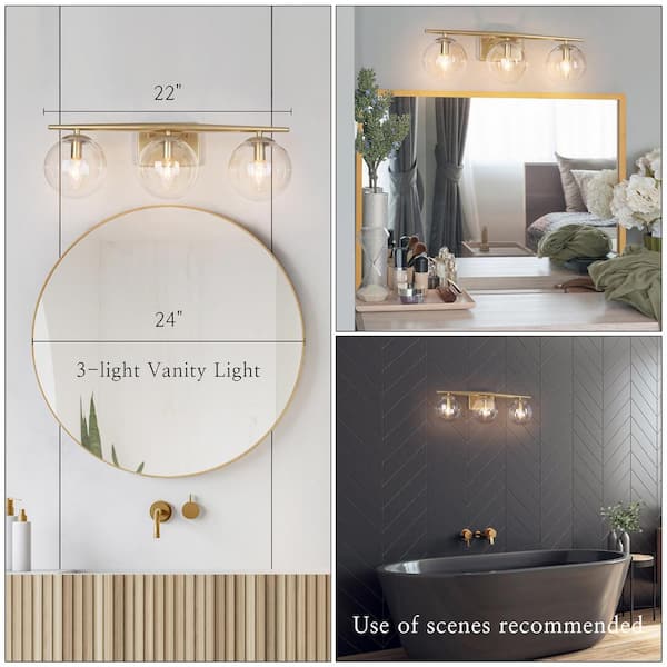 Modern Gold Bathroom Vanity Light, 3-Light Farmhouse Brass Wall Sconce with Clear Globe Glass Shades