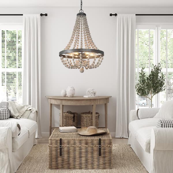 Boho Black Crystal Beaded Chandelier Empire 6-Light Modern Farmhouse Wood Island Basket Pendant Lighting for Dining Room