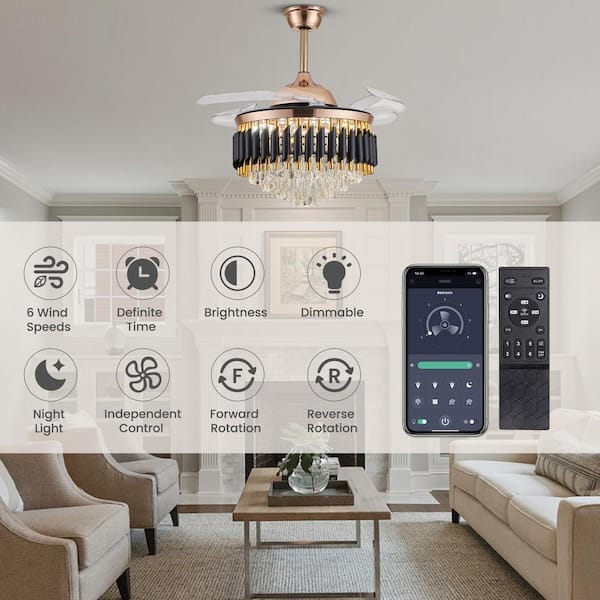 42 in. Integrated LED Indoor Gold Ceiling Fan with Light and Remote Retractable Blades Fandelier